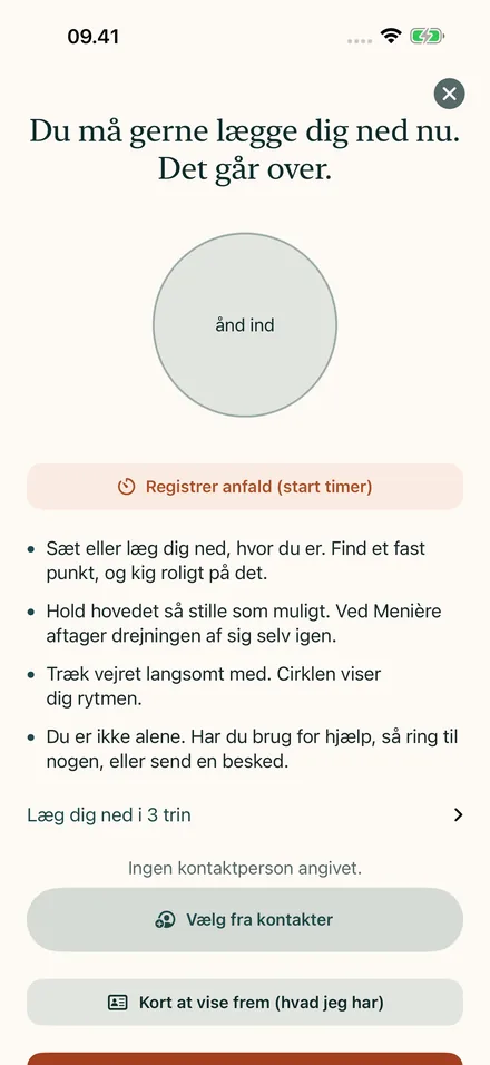 Akuttilstand med vejrtrækningscirkel, vejledning og nødopkaldsknap
