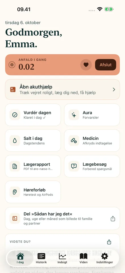 Igangværende anfald med timer og stor knap »Åbn Akuthjælp«