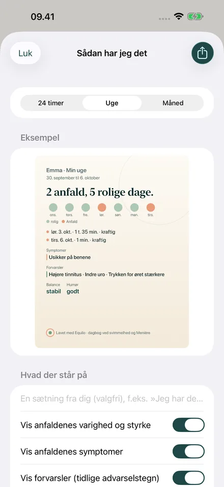 Billedeksempel »Min uge« med prikker for rolige dage og anfald, symptomer og forvarsler