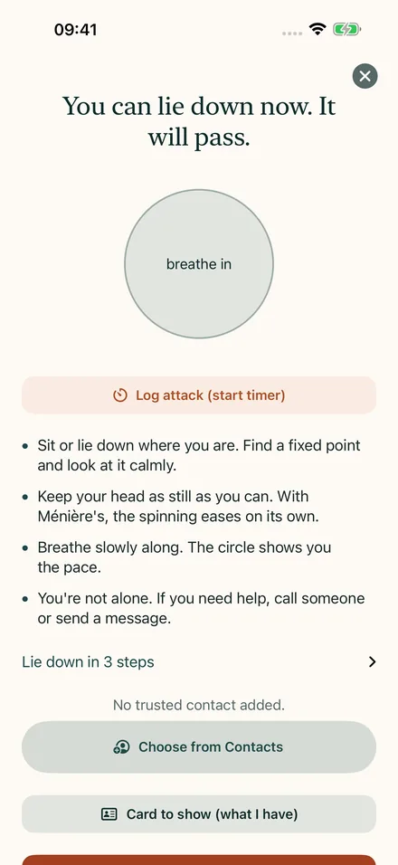 Acute mode with breathing circle, guidance and emergency call button