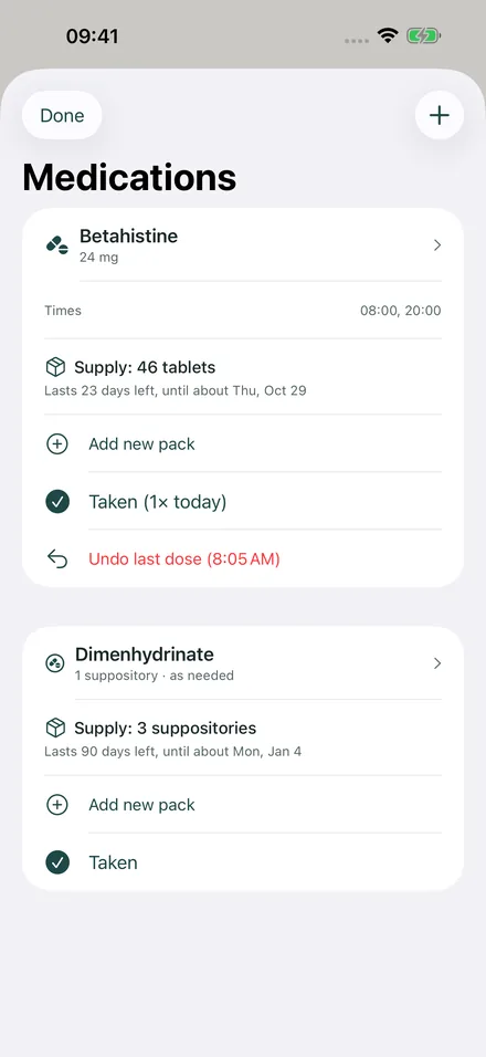 Medication with supply: betahistine, 46 tablets, enough for a good three weeks