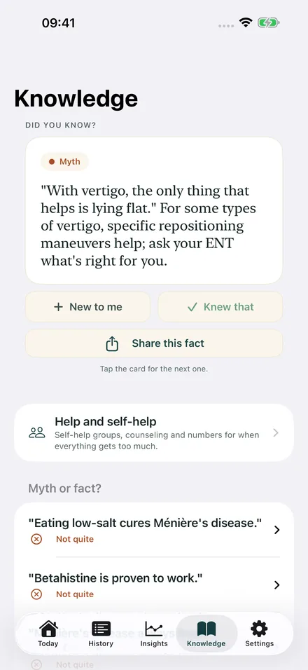 Knowledge section with fact of the day and myth check