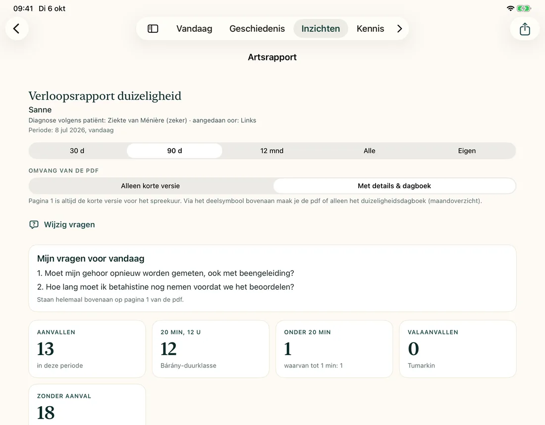 Artsrapport op de iPad met kerncijfers, duurklassen en vragen voor het consult